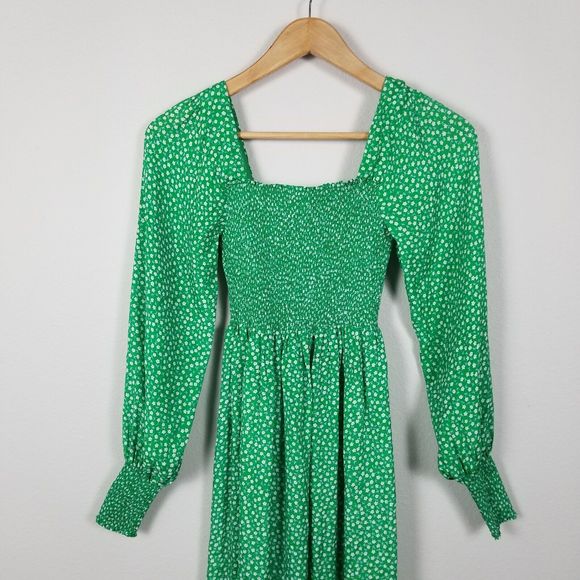 Rixo Marianne Green Micro Floral Smocked Prarie Silk Blend Midi Dress Size XXS - Picture 9 of 14